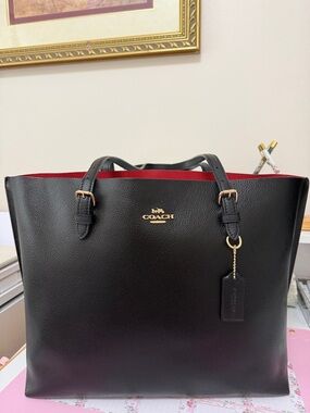 Coach Black Leather Tote with Red Trim and Gold Hardware